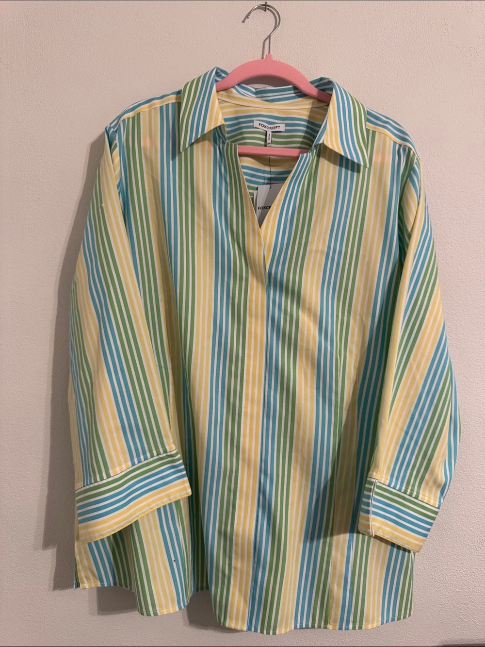Foxcroft Yellow, Teal & Light Green Striped V-Placket Button-Down Shirt